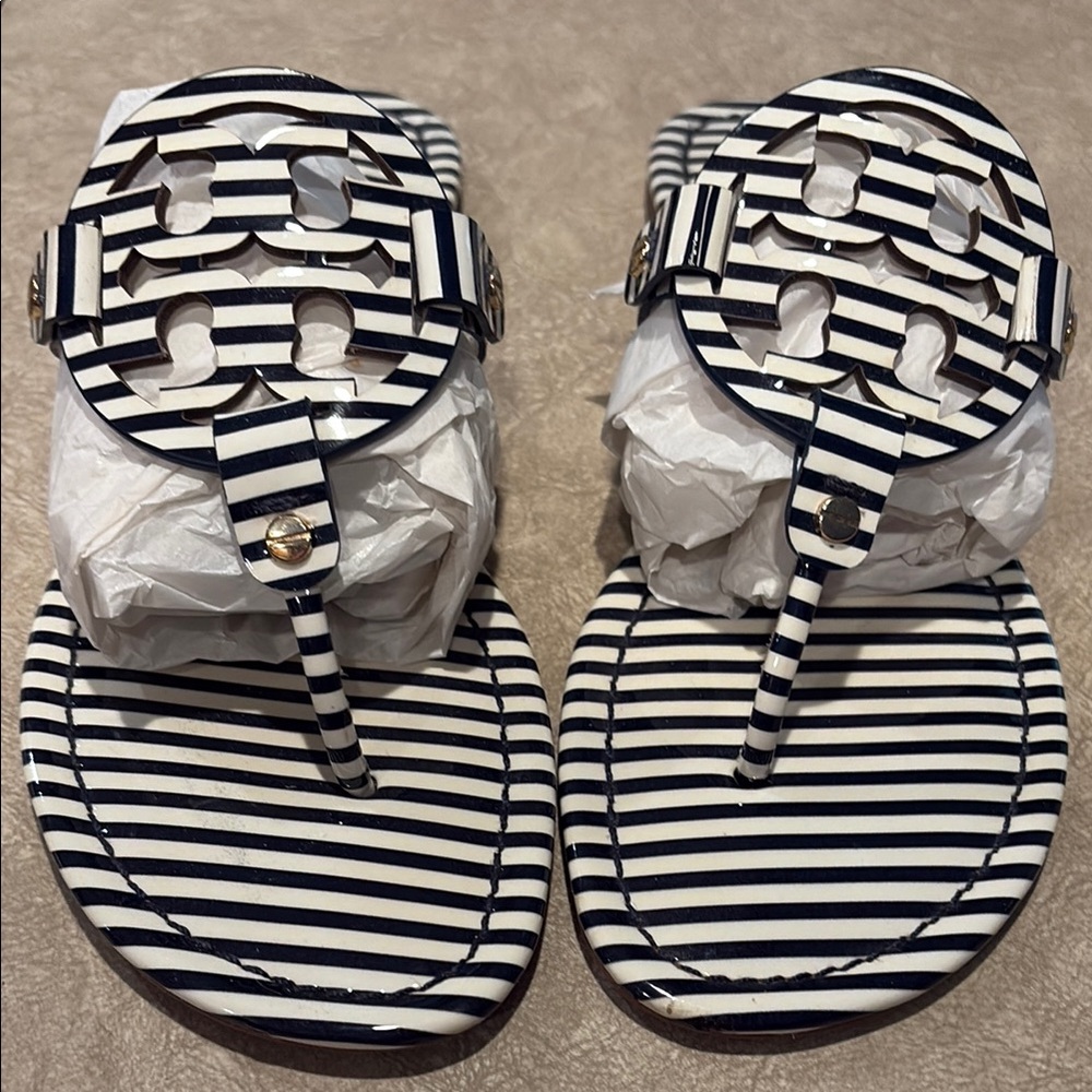 Tory Burch Black and White Striped Sandals